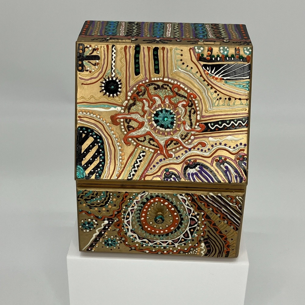 Vtg. Wooden Desk Organizer Box Hand Painted Eclectic Quirky Kitschy‎ Maximalist